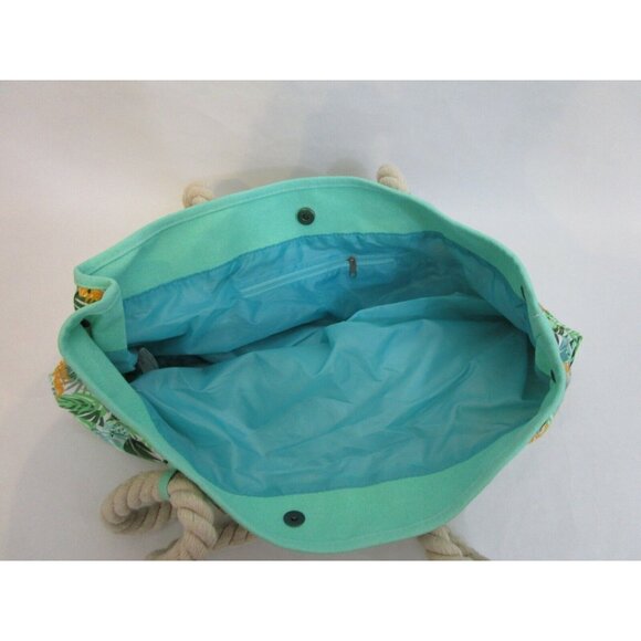 Beach Bag Rope Handles Tote Shopping Lined Packable Hawaiian Floral Green - Picture 2 of 5